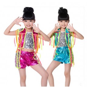 Girls kids child children baby turquoise fuchsia rainbow paillette sequined stage performance  modern dance jazz dance costumes dance wear